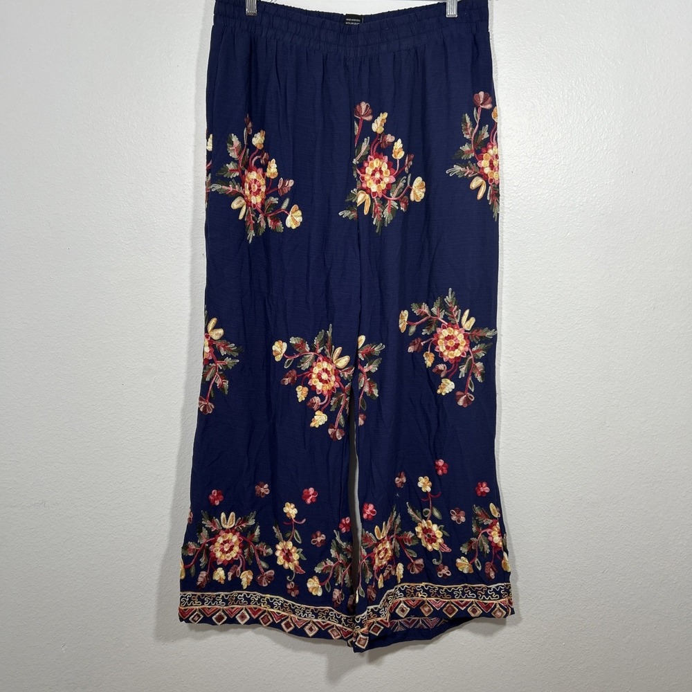 Liv Los Angeles Pants Womens XL Navy Wide Leg Floral Embroidered Boho Festival